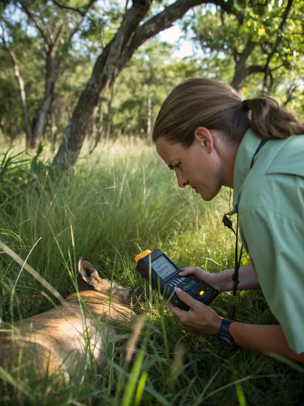 A close-up shot of a wildlife biologist monitoring a protected species in its natural habitat, emphasizing the importance of species conservation efforts.