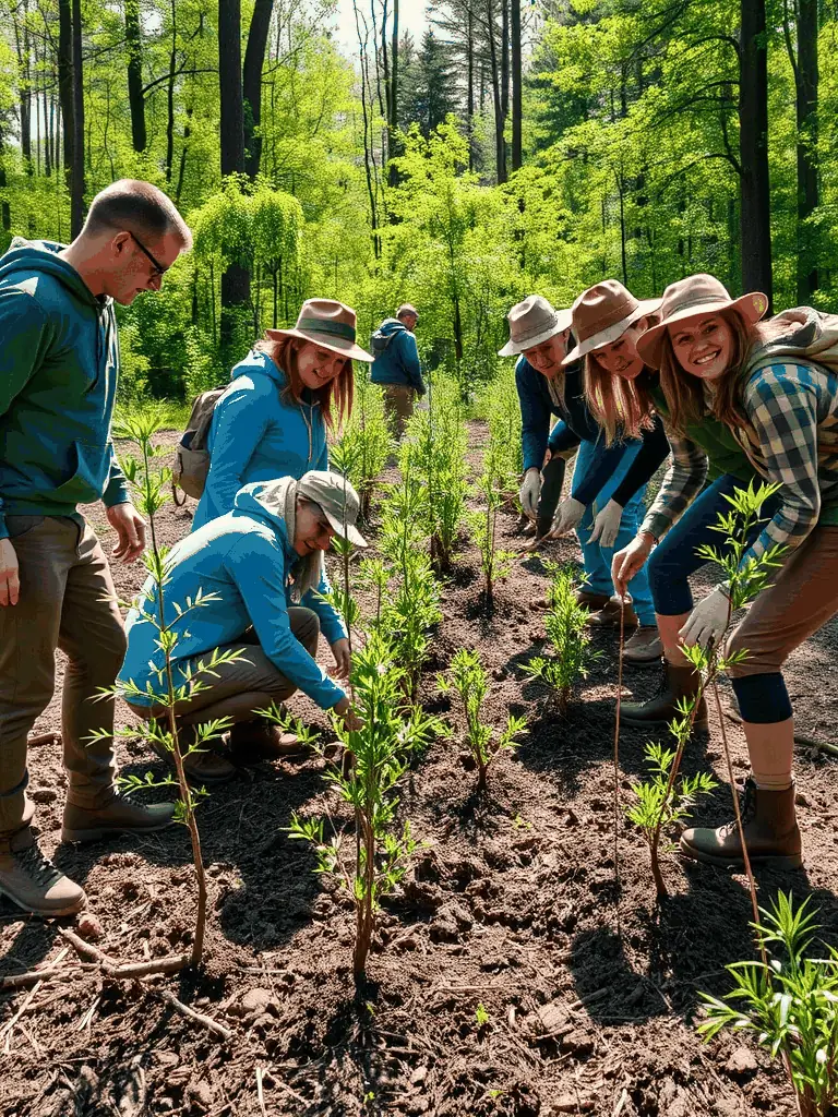 A photo of volunteers planting trees in a deforested area, symbolizing habitat restoration efforts by LA DIANE DES BORDERIES.