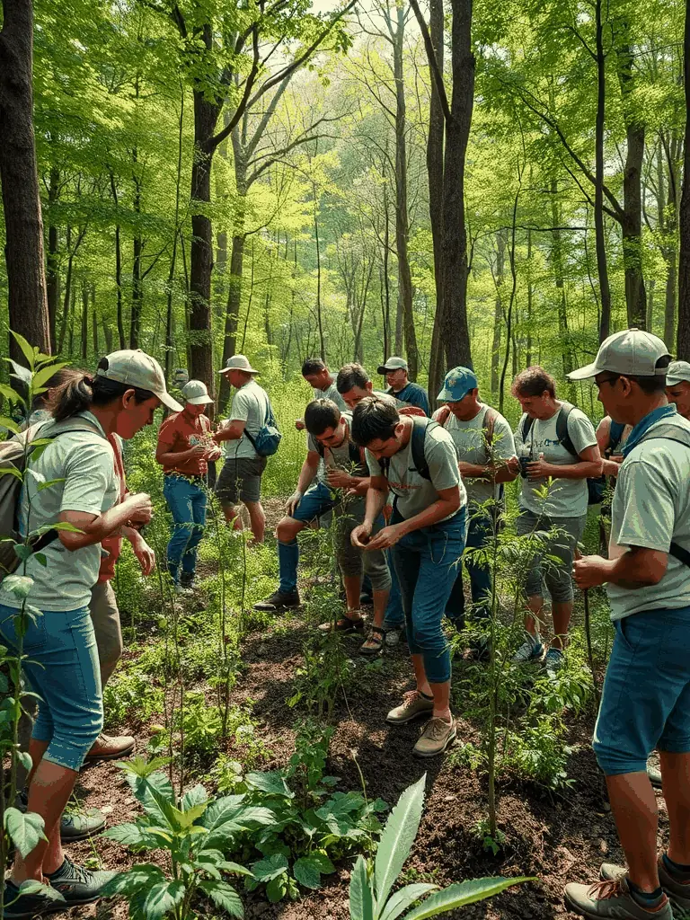 A photo of volunteers planting trees in a deforested area, symbolizing habitat restoration efforts by LA DIANE DES BORDERIES.