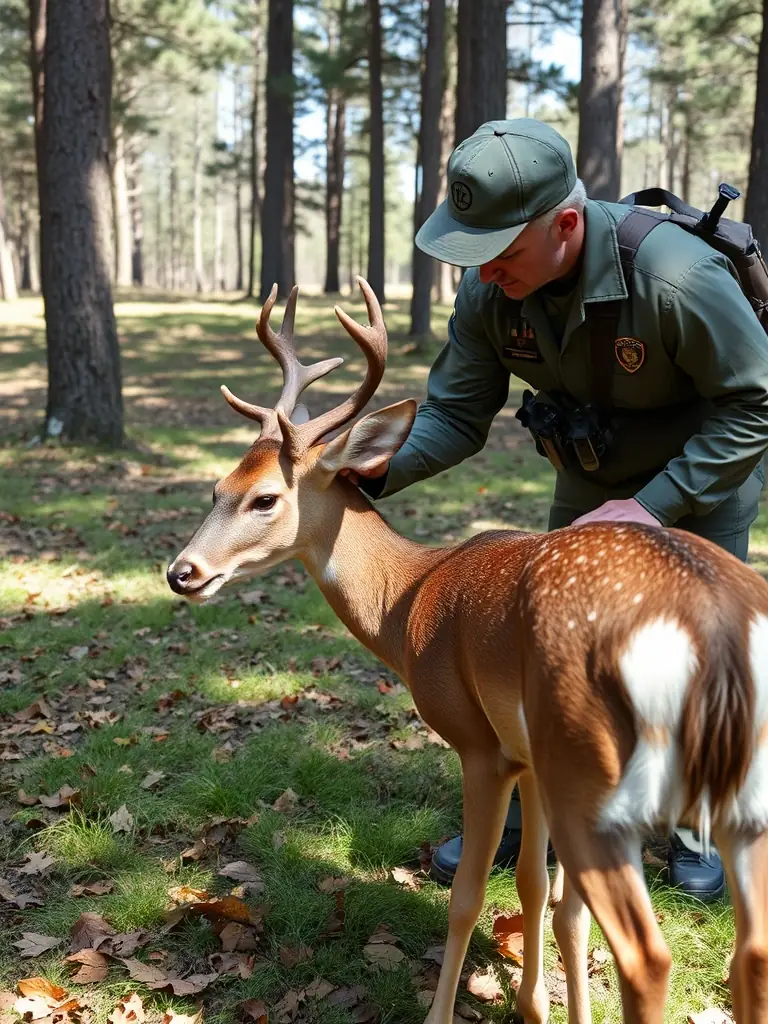 A photo of a wildlife biologist tagging a deer, representing species conservation and monitoring efforts.
