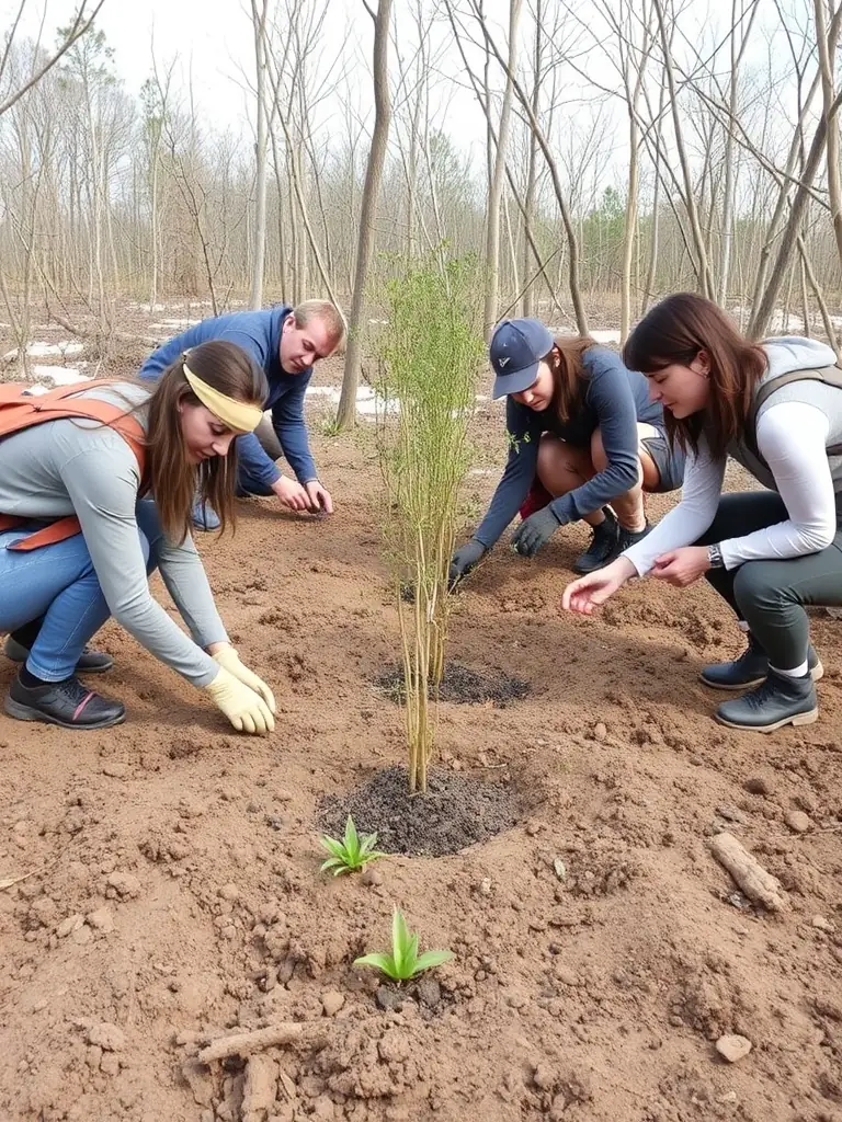 A photograph capturing volunteers planting trees as part of a habitat restoration project in the Louzac-Saint-André area, showcasing the organization's commitment to environmental conservation.
