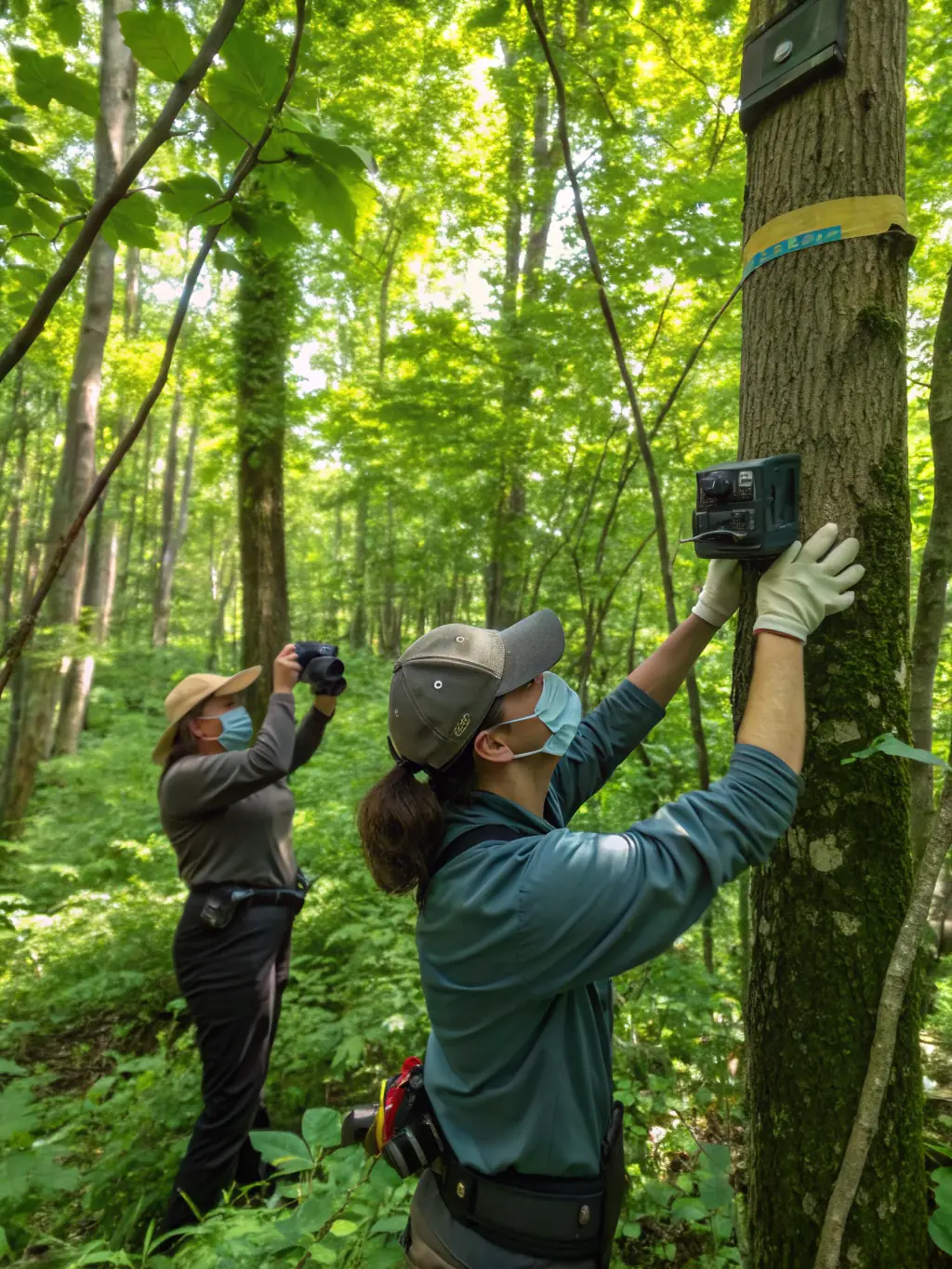 A visually striking image of a wildlife monitoring team using advanced equipment to track local animal populations in their natural habitat.
