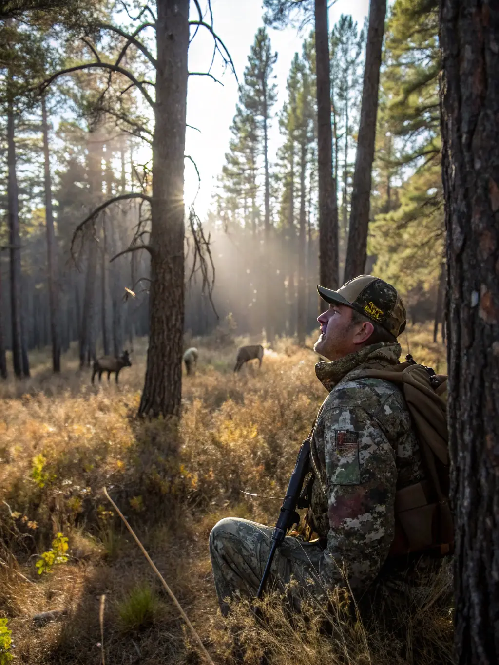 A close-up shot of a hunter carefully examining animal tracks in the forest, emphasizing the importance of wildlife monitoring.