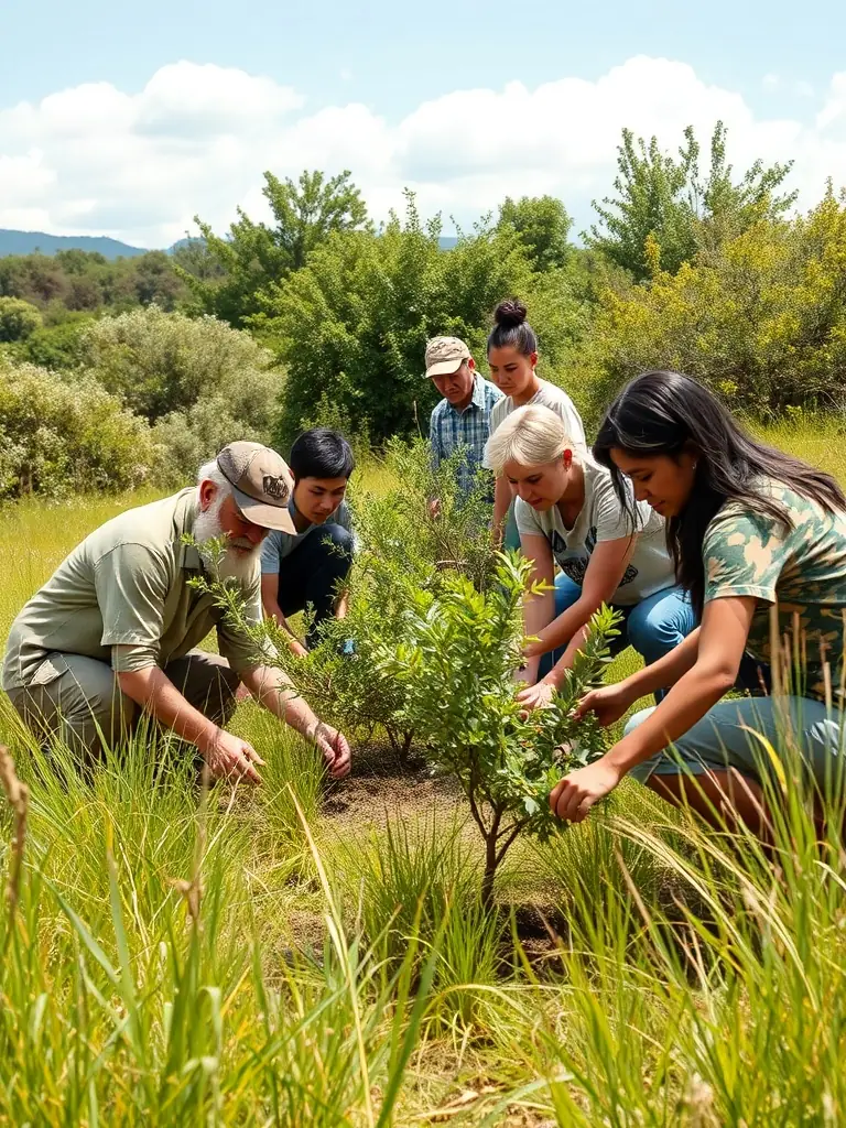 A high-quality photograph showcasing a diverse group of community members participating in a habitat restoration project, planting native trees and shrubs.