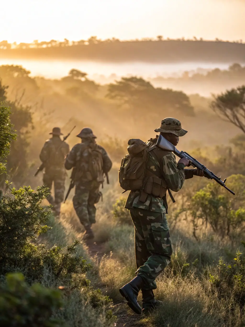 A dedicated anti-poaching patrol team surveying a protected area, demonstrating the organization's commitment to species protection.