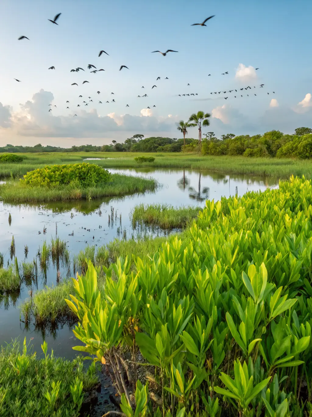A serene image of a restored wetland habitat, showcasing the organization's commitment to habitat preservation.