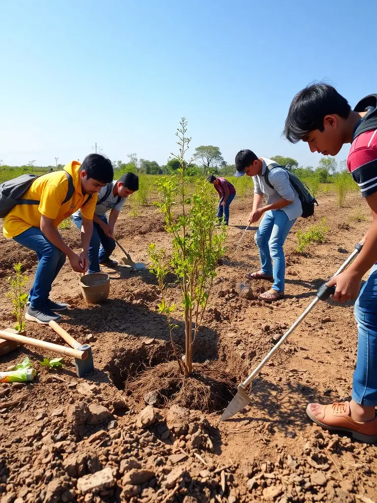 A group of volunteers planting native trees in a deforested area, highlighting community involvement in conservation efforts.